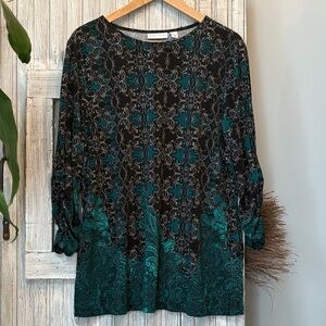 Susan Graver Black and Teal Patterned Blouse Size L EUC